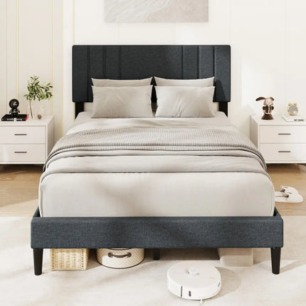 Full/Queen/Twin Size Bed Frame with Vertical Channel Tufted Headboard and Wooden Slats-Full Size - Gray - Simple Bed