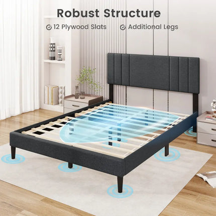 Full/Queen/Twin Size Bed Frame with Vertical Channel Tufted Headboard and Wooden Slats-Queen Size - Gray - Simple Bed