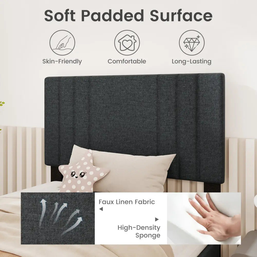 Full/Queen/Twin Size Bed Frame with Vertical Channel Tufted Headboard and Wooden Slats-Twin Size - Gray - Simple Bed