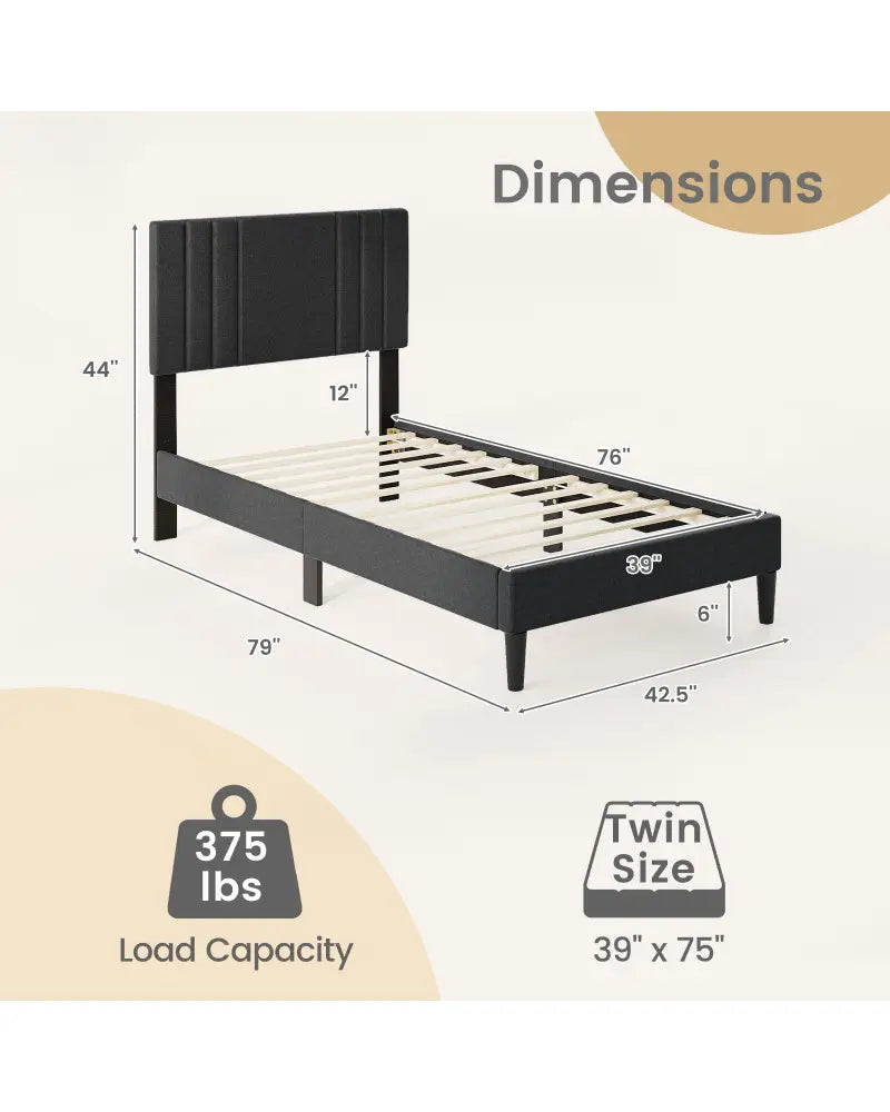 Full/Queen/Twin Size Bed Frame with Vertical Channel Tufted Headboard and Wooden Slats-Twin Size - Gray - Simple Bed
