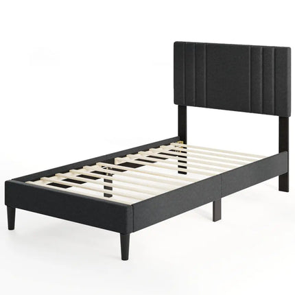 Full/Queen/Twin Size Bed Frame with Vertical Channel Tufted Headboard and Wooden Slats-Twin Size - Gray - Simple Bed