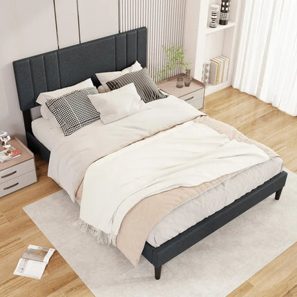 Full/Queen/Twin Size Bed Frame with Vertical Channel Tufted Headboard and Wooden Slats-Queen Size - Gray - Simple Bed