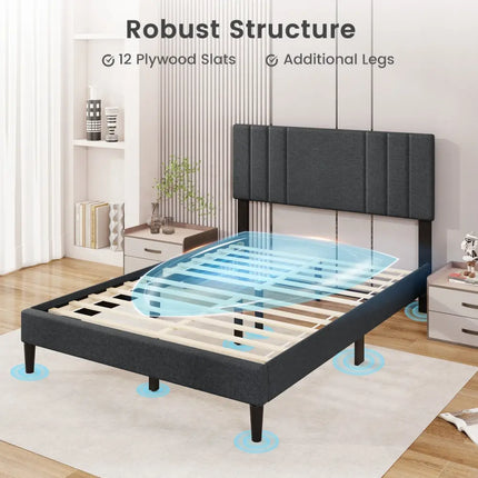 Full/Queen/Twin Size Bed Frame with Vertical Channel Tufted Headboard and Wooden Slats-Full Size - Gray - Simple Bed