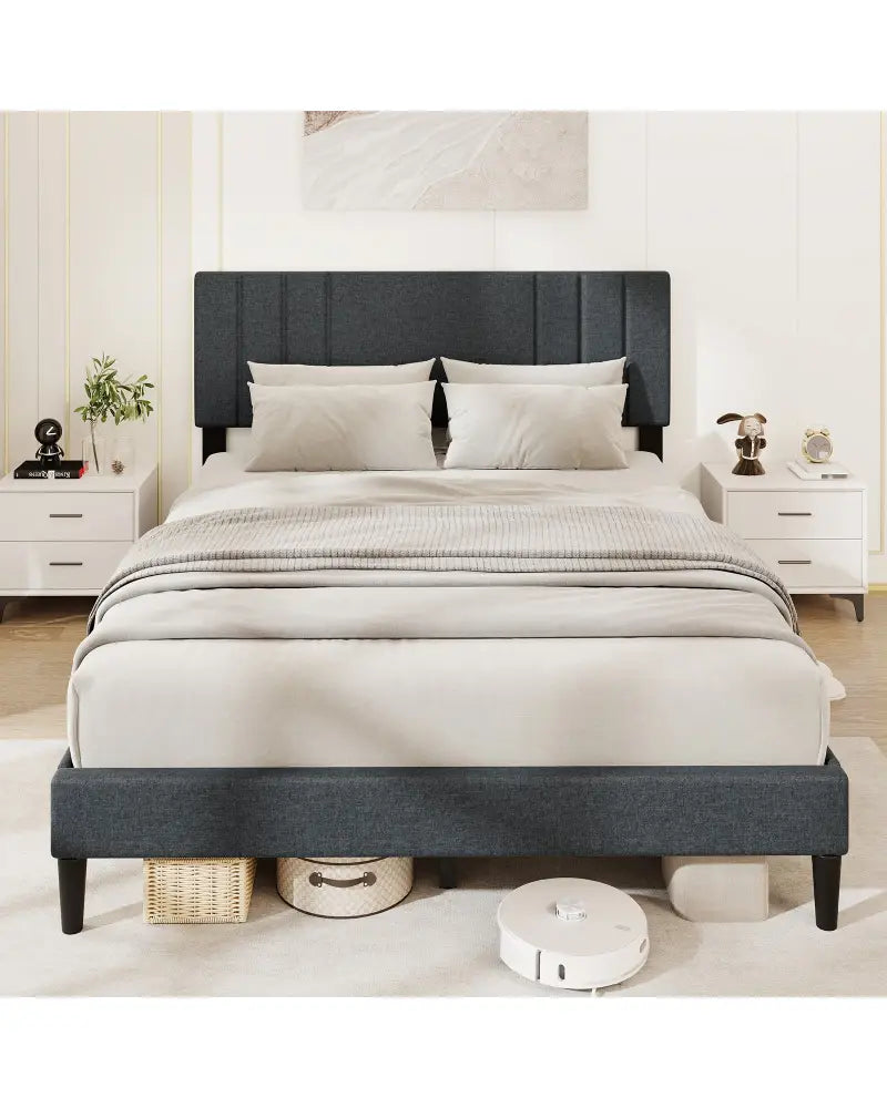 Full/Queen/Twin Size Bed Frame with Vertical Channel Tufted Headboard and Wooden Slats-Queen Size - Gray - Simple Bed