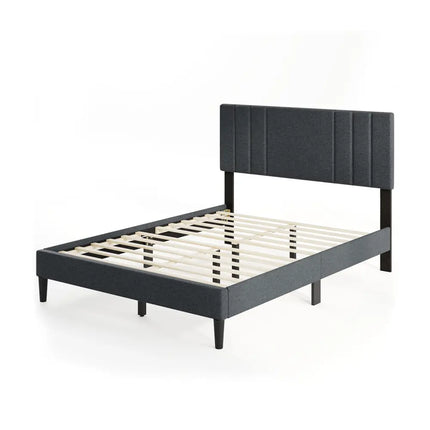 Full/Queen/Twin Size Bed Frame with Vertical Channel Tufted Headboard and Wooden Slats-Full Size - Gray - Simple Bed