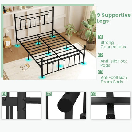 Full/Queen/Twin Size Heavy-duty Metal Bed Frame with Headboard-Queen Size - Black - Simple Bed Frame