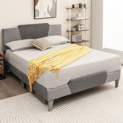Full/Queen/Twin Velvet Upholstered Bed Frame with High Headboard-Queen Size - Gray - Simple Bed Frame