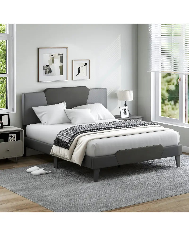 Full/Queen/Twin Velvet Upholstered Bed Frame with High Headboard-Queen Size - Gray - Simple Bed Frame