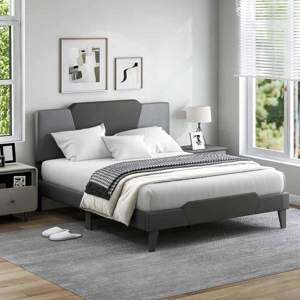 Full/Queen/Twin Velvet Upholstered Bed Frame with High Headboard-Queen Size - Gray - Simple Bed Frame