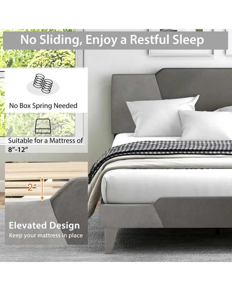 Full/Queen/Twin Velvet Upholstered Bed Frame with High Headboard-Queen Size - Gray - Simple Bed Frame