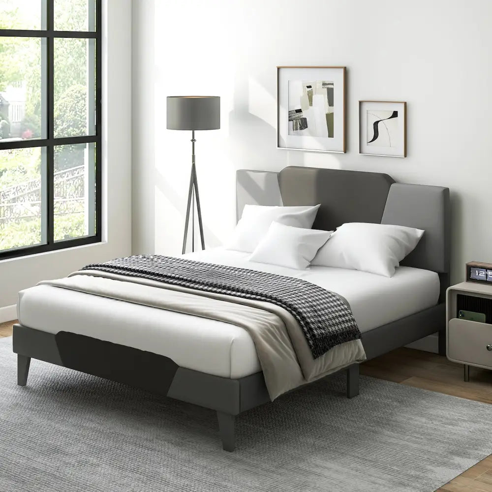 Full/Queen/Twin Velvet Upholstered Bed Frame with High Headboard-Queen Size - Gray - Simple Bed Frame