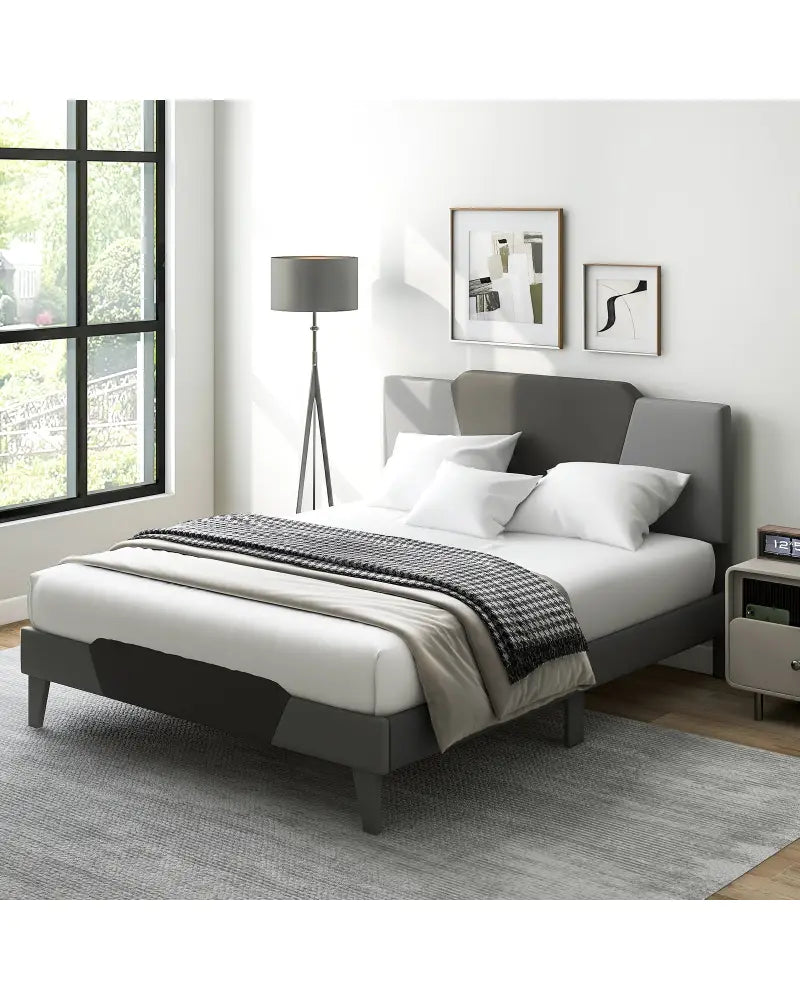 Full/Queen/Twin Velvet Upholstered Bed Frame with High Headboard-Queen Size - Gray - Simple Bed Frame