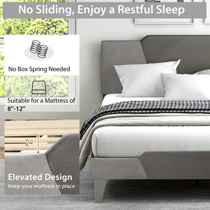 Full/Queen/Twin Velvet Upholstered Bed Frame with High Headboard-Queen Size - Gray - Simple Bed Frame