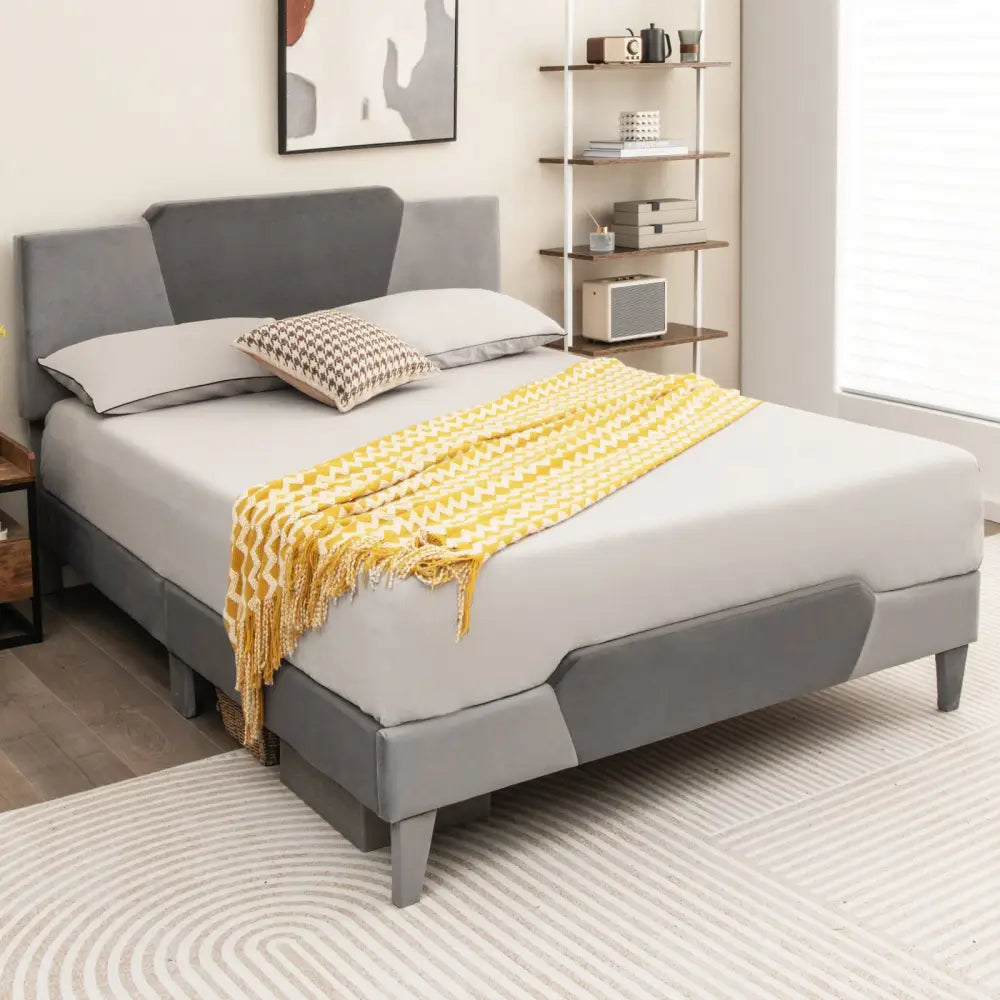 Full/Queen/Twin Velvet Upholstered Bed Frame with High Headboard-Queen Size - Gray - Simple Bed Frame