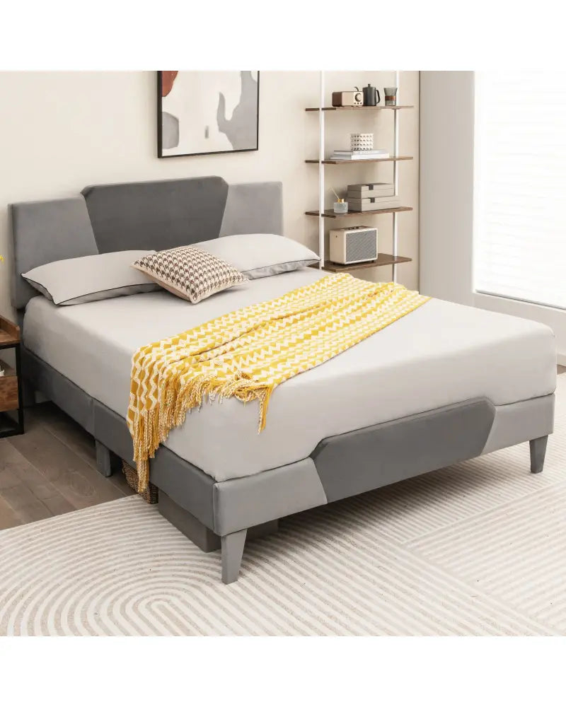 Full/Queen/Twin Velvet Upholstered Bed Frame with High Headboard-Queen Size - Gray - Simple Bed Frame
