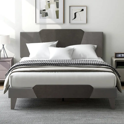 Full/Queen/Twin Velvet Upholstered Bed Frame with High Headboard-Queen Size - Gray - Simple Bed Frame