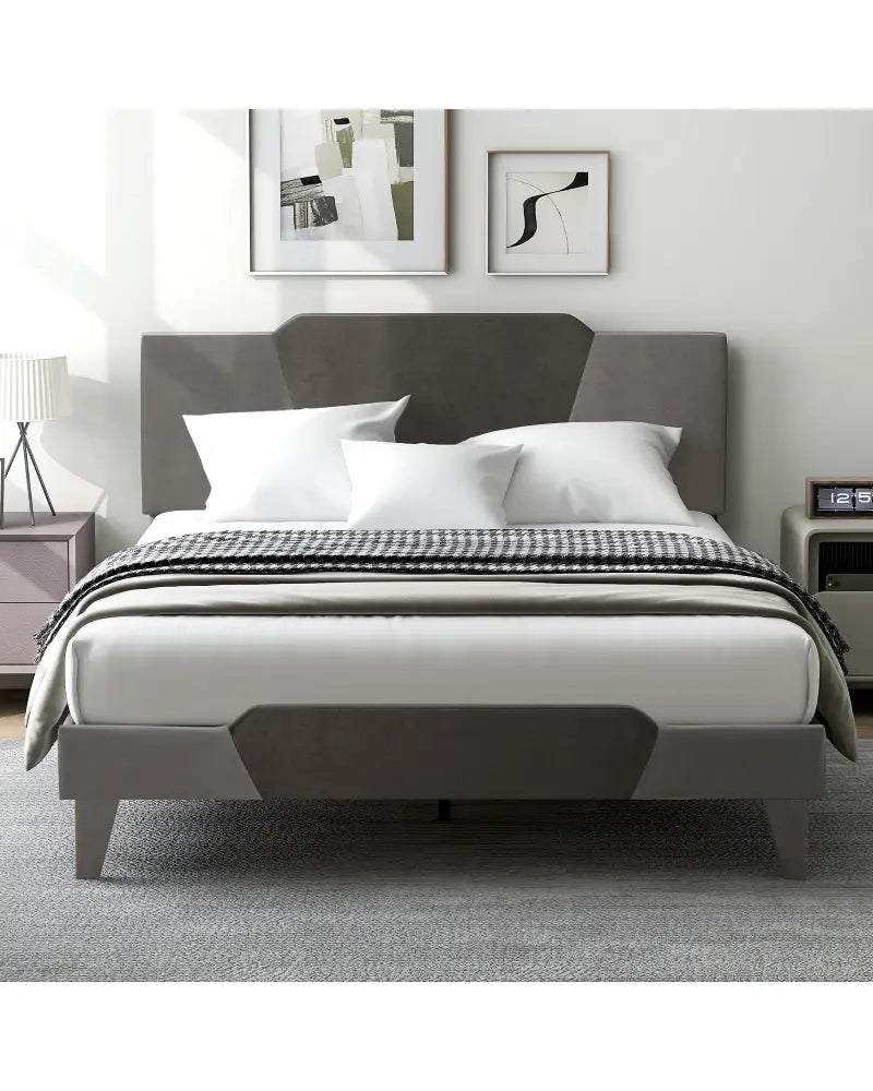 Full/Queen/Twin Velvet Upholstered Bed Frame with High Headboard-Queen Size - Gray - Simple Bed Frame