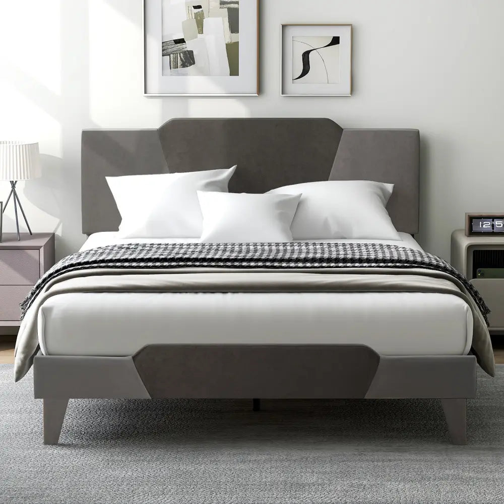 Full/Queen/Twin Velvet Upholstered Bed Frame with High Headboard-Queen Size - Gray - Simple Bed Frame
