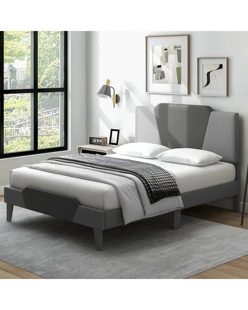 Full/Queen/Twin Velvet Upholstered Bed Frame with High Headboard-Full Size - Gray - Simple Bed Frame