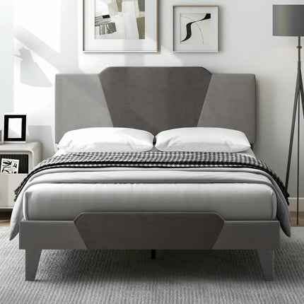 Full/Queen/Twin Velvet Upholstered Bed Frame with High Headboard-Full Size - Gray - Simple Bed Frame