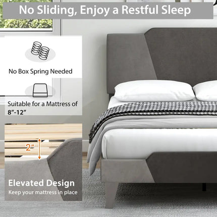 Full/Queen/Twin Velvet Upholstered Bed Frame with High Headboard-Full Size - Gray - Simple Bed Frame