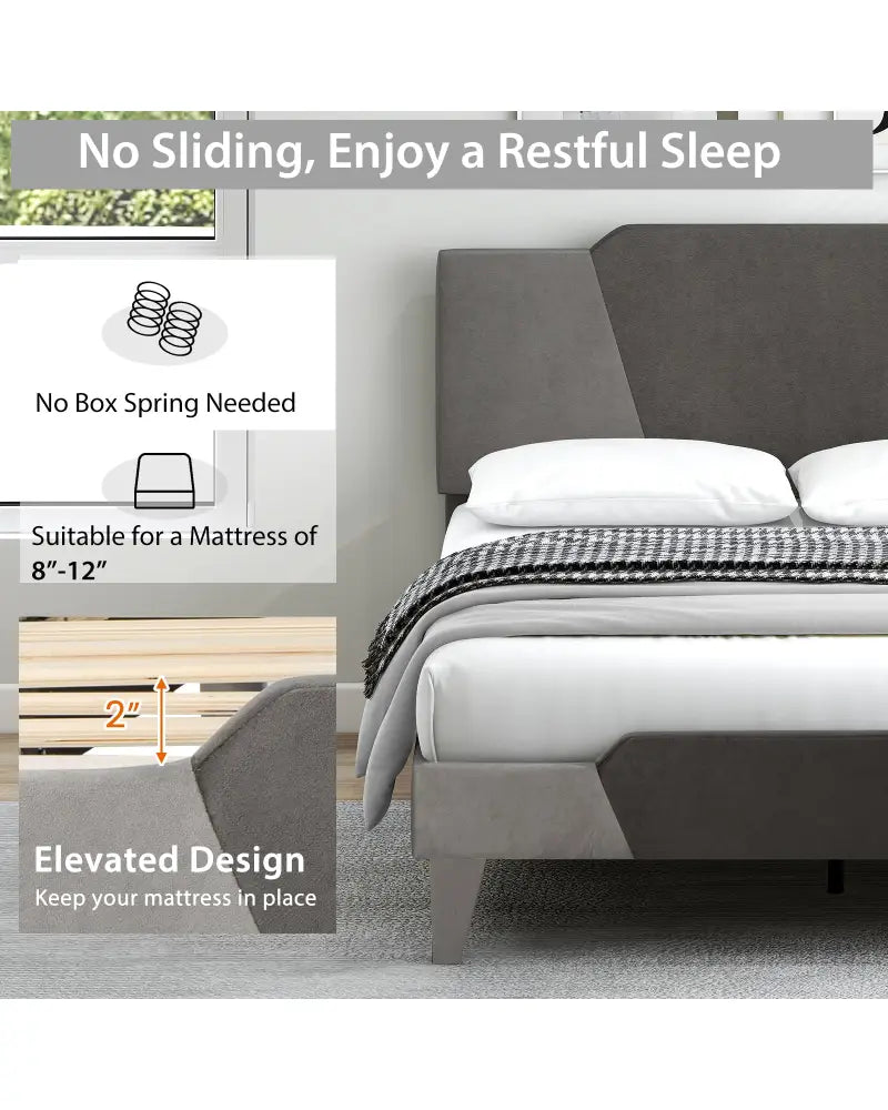 Full/Queen/Twin Velvet Upholstered Bed Frame with High Headboard-Full Size - Gray - Simple Bed Frame