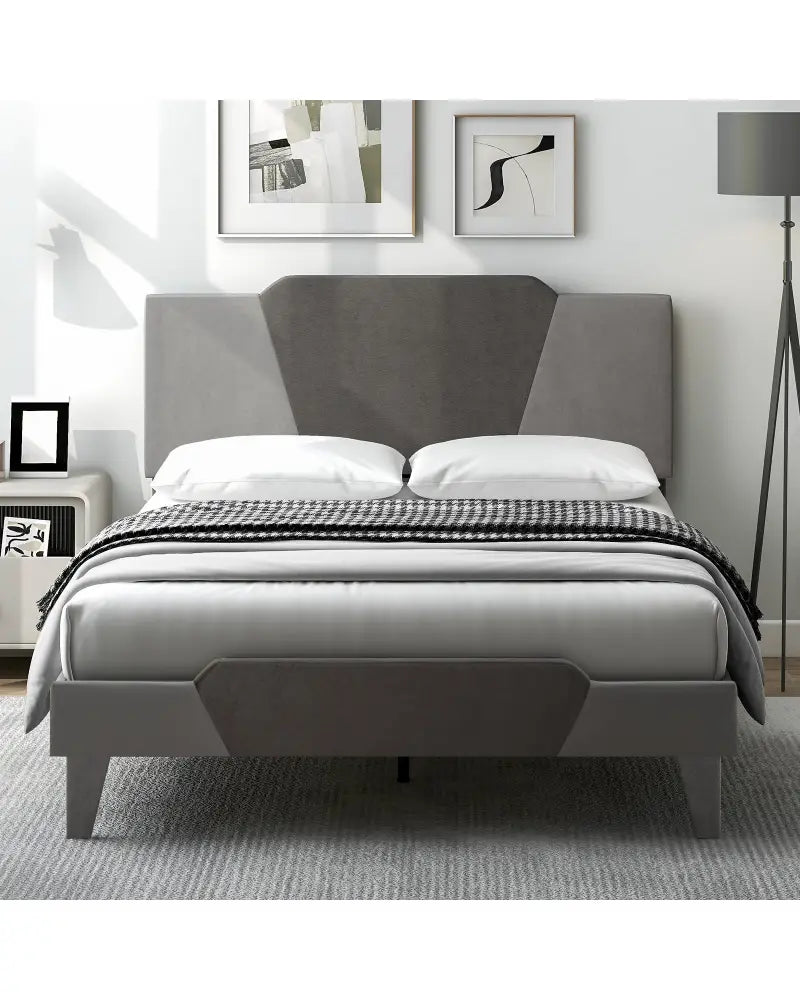 Full/Queen/Twin Velvet Upholstered Bed Frame with High Headboard-Full Size - Gray - Simple Bed Frame
