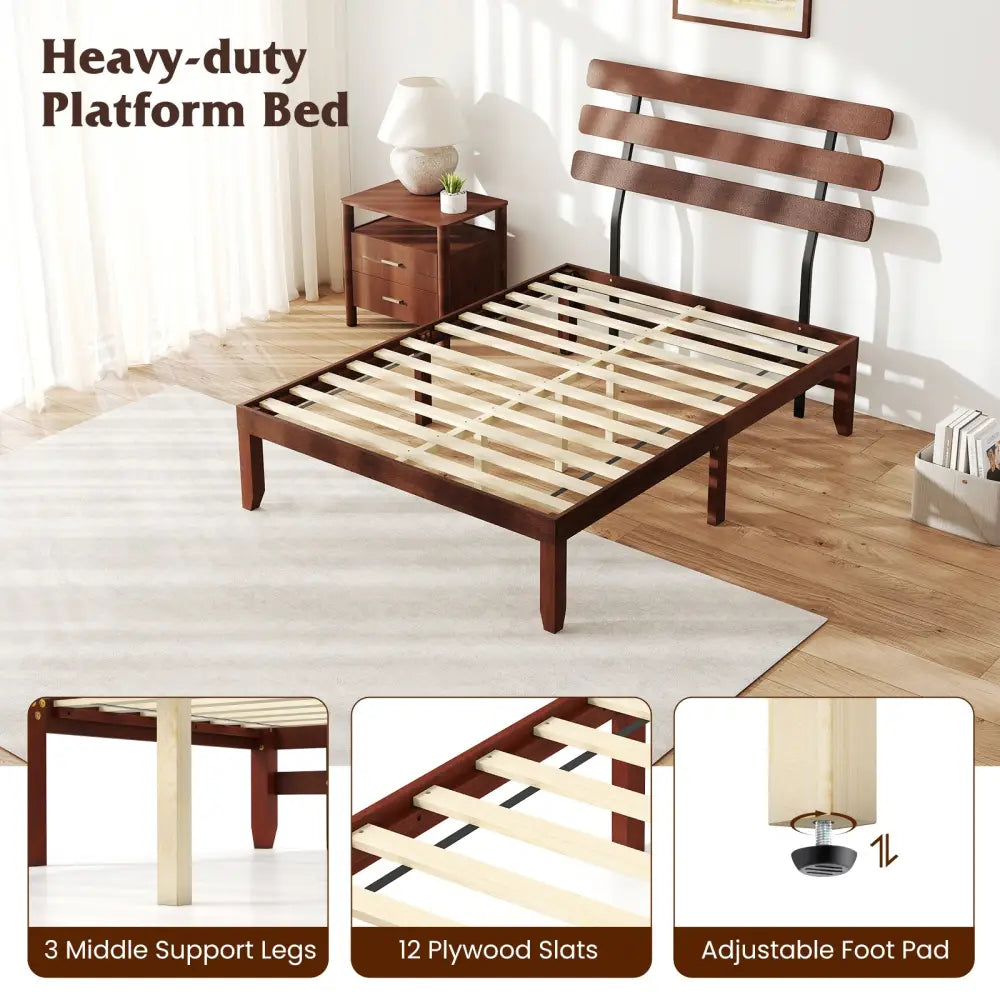 Full Size Bed Frame 15.5 Inch Solid Wood Platform Bed with Retro Headboard - Walnut - Simple Bed Frame