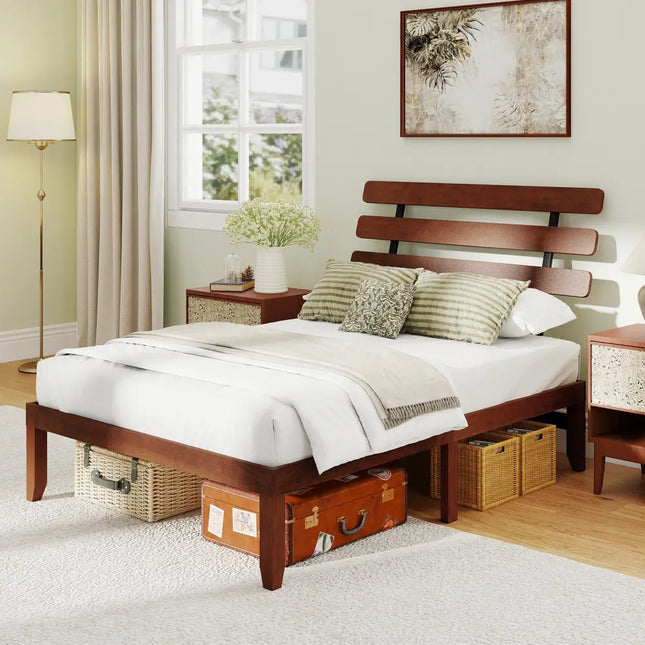 Full Size Bed Frame 15.5 Inch Solid Wood Platform Bed with Retro Headboard - Walnut - Simple Bed Frame
