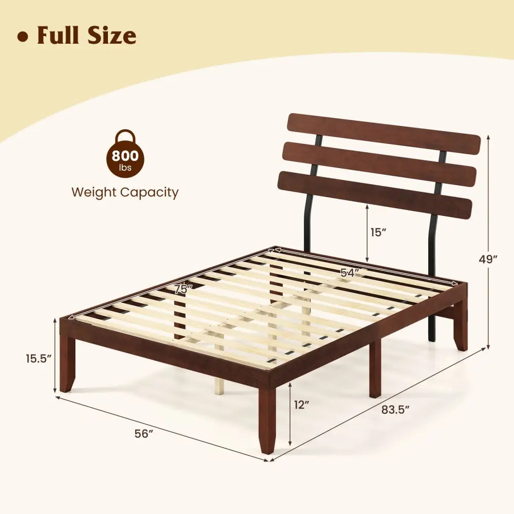 Full Size Bed Frame 15.5 Inch Solid Wood Platform Bed with Retro Headboard - Walnut - Simple Bed Frame