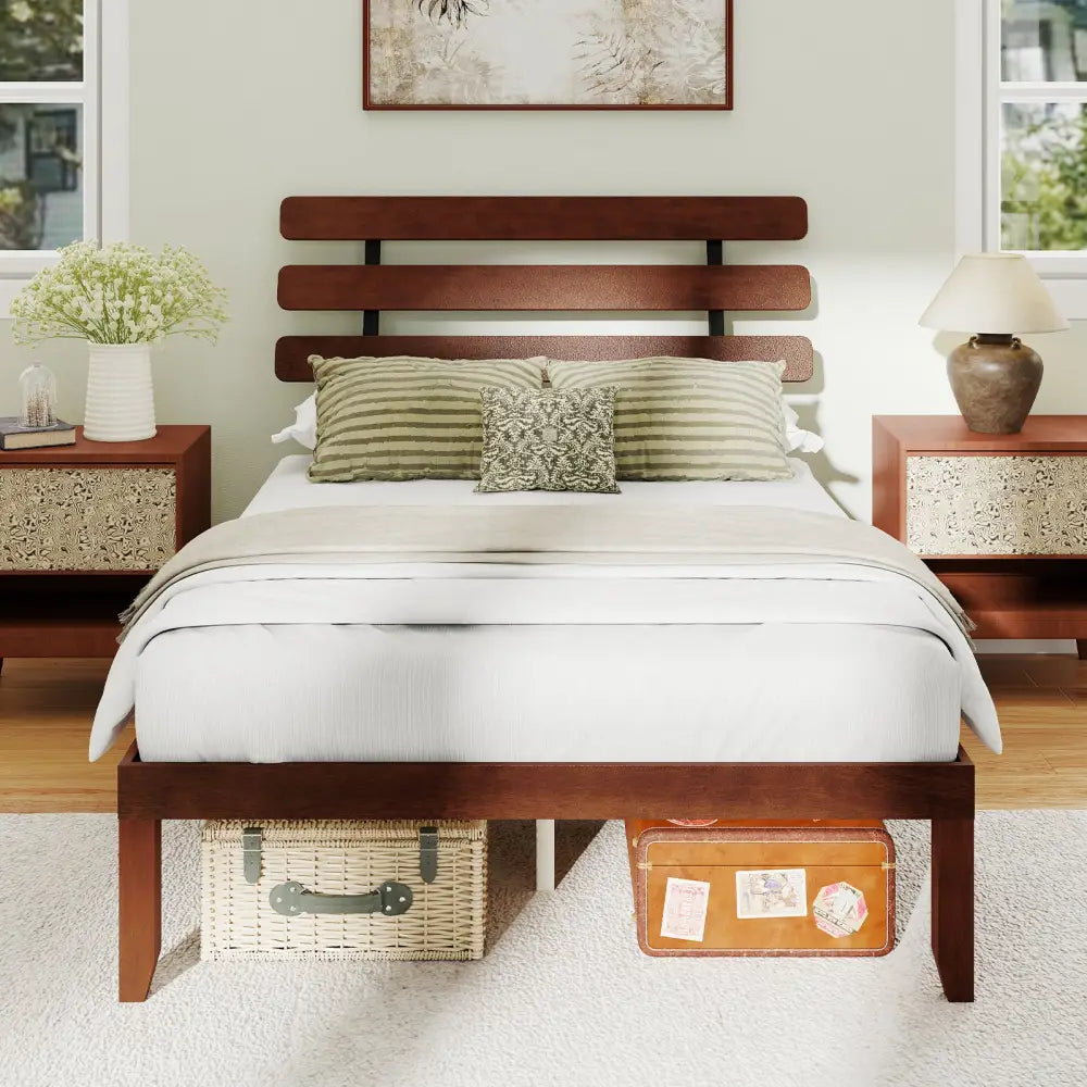Full Size Bed Frame 15.5 Inch Solid Wood Platform Bed with Retro Headboard - Walnut - Simple Bed Frame
