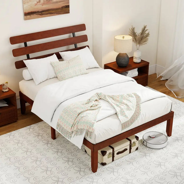 Full Size Bed Frame 15.5 Inch Solid Wood Platform Bed with Retro Headboard - Walnut - Simple Bed Frame