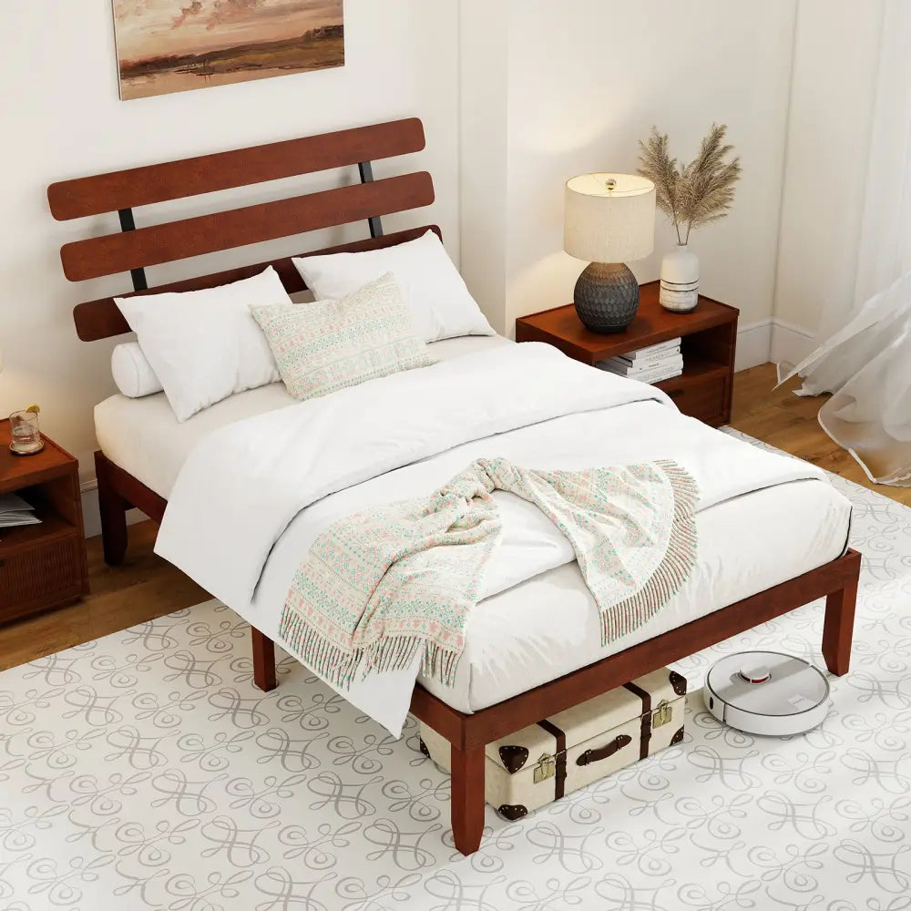 Full Size Bed Frame 15.5 Inch Solid Wood Platform Bed with Retro Headboard - Walnut - Simple Bed Frame