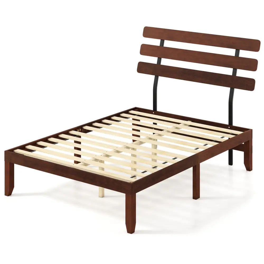 Full Size Bed Frame 15.5 Inch Solid Wood Platform Bed with Retro Headboard - Walnut - Simple Bed Frame