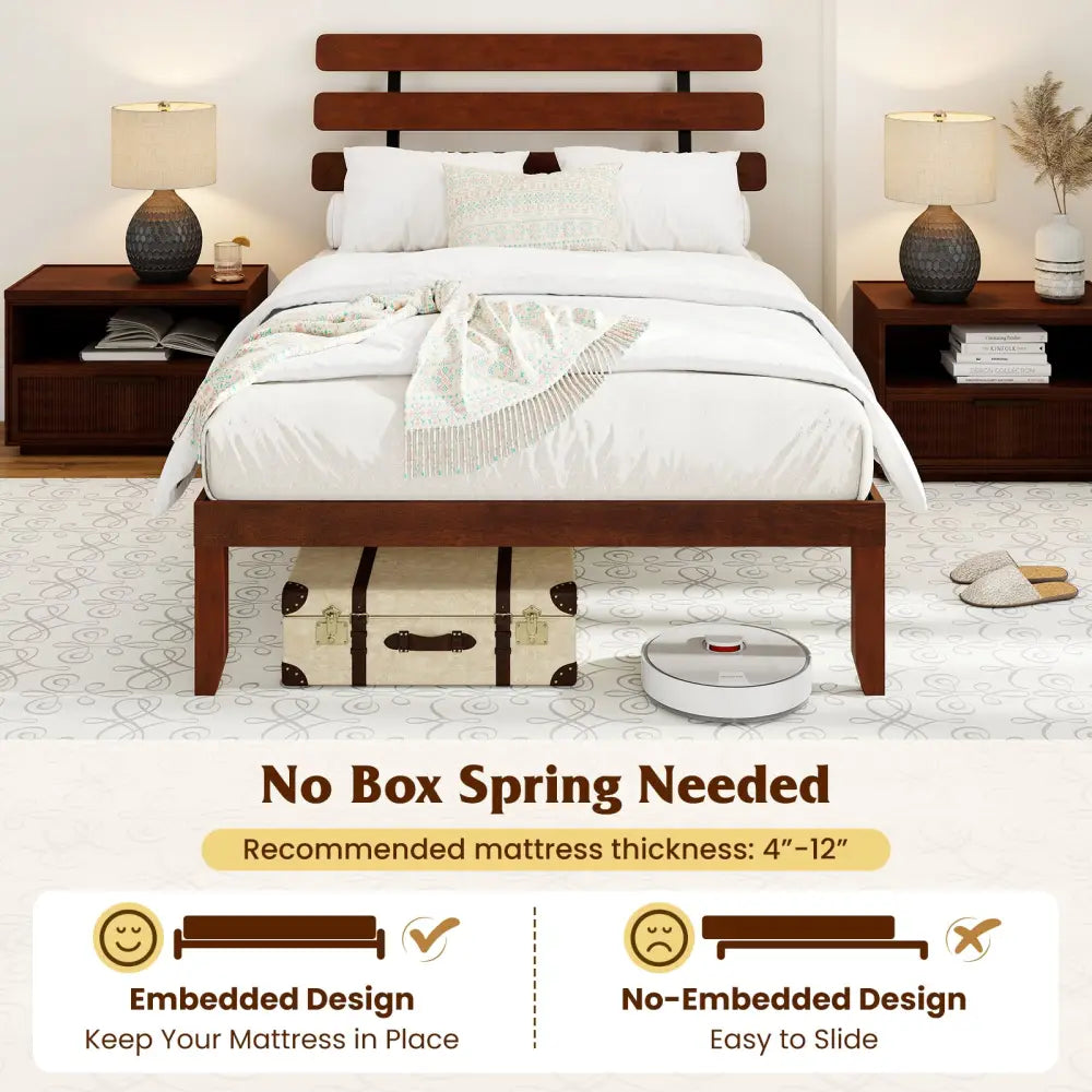 Full Size Bed Frame 15.5 Inch Solid Wood Platform Bed with Retro Headboard - Walnut - Simple Bed Frame