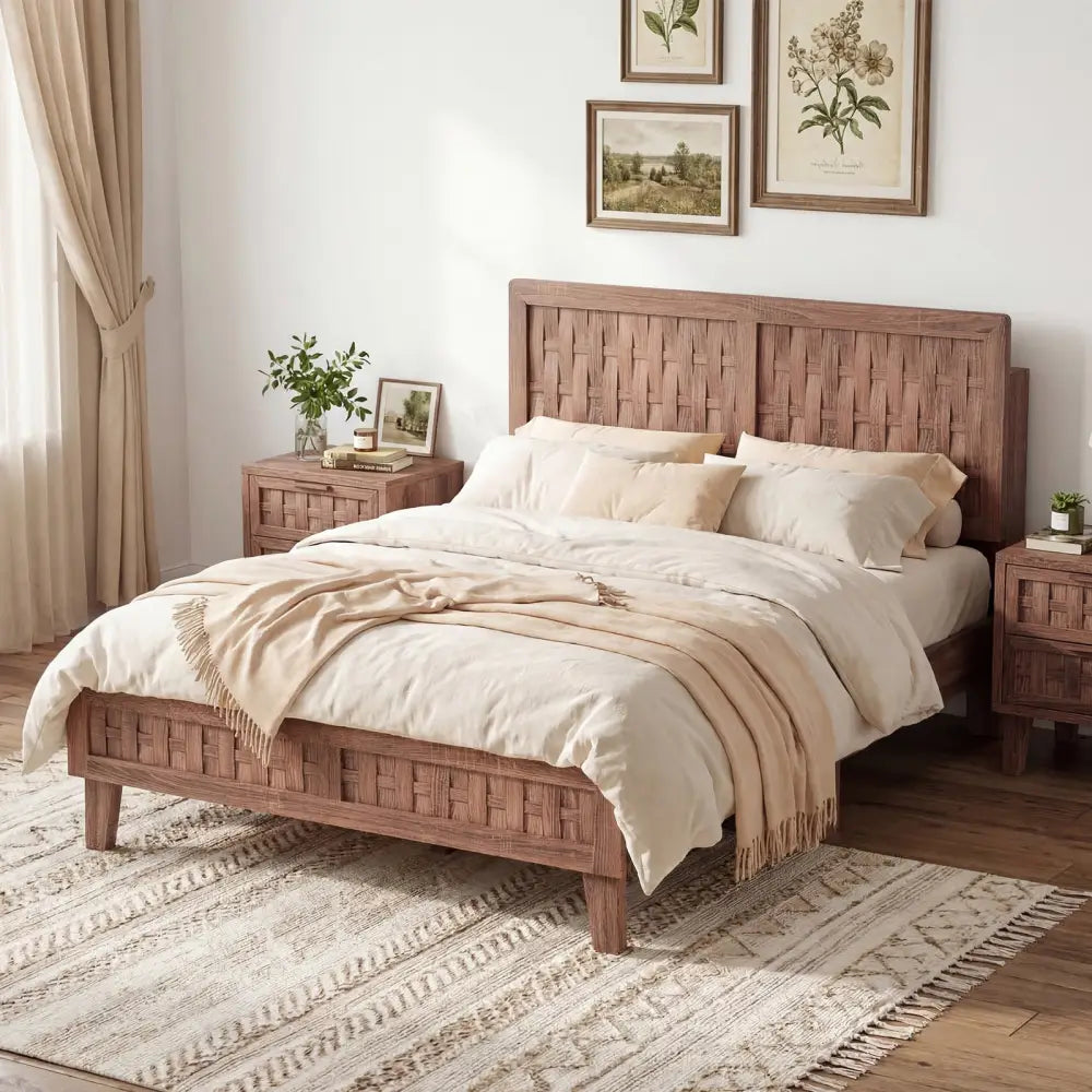 Full Size Bed Frame Mid Century with Woven Accent Headboard - Walnut - Simple Bed Frame