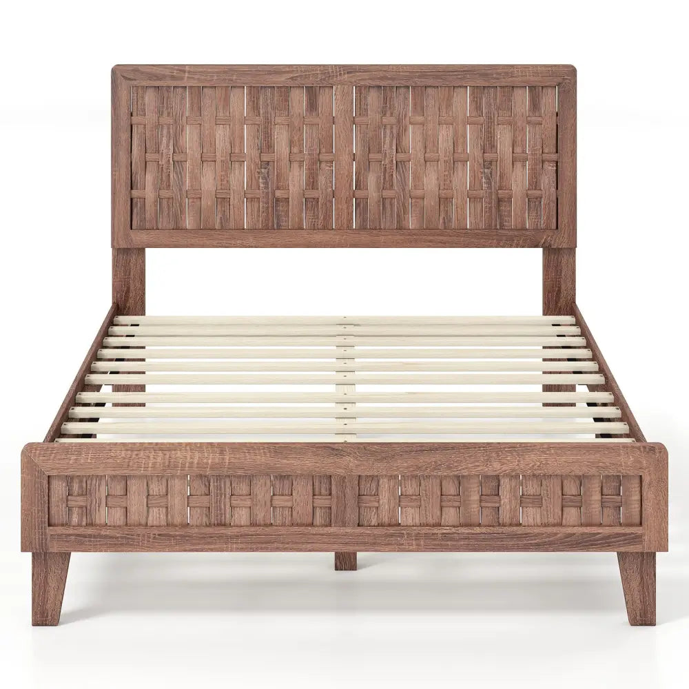 Full Size Bed Frame Mid Century with Woven Accent Headboard - Walnut - Simple Bed Frame