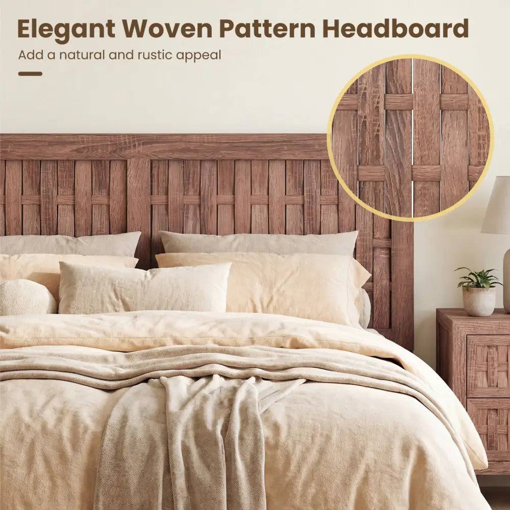 Full Size Bed Frame Mid Century with Woven Accent Headboard - Walnut - Simple Bed Frame
