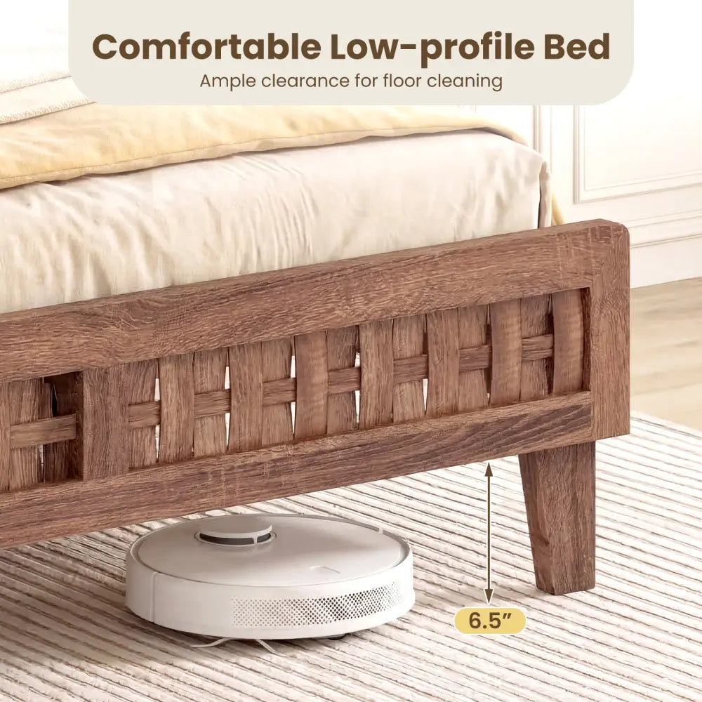 Full Size Bed Frame Mid Century with Woven Accent Headboard - Walnut - Simple Bed Frame