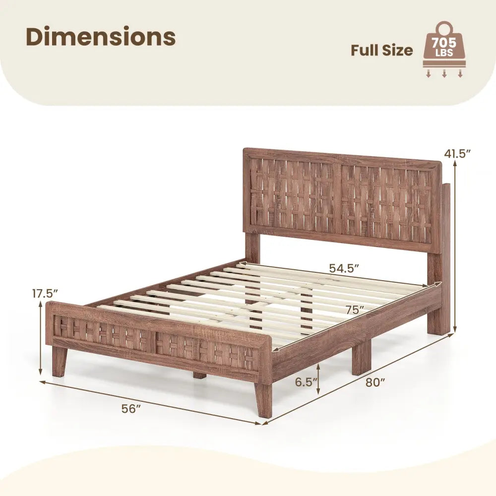 Full Size Bed Frame Mid Century with Woven Accent Headboard - Walnut - Simple Bed Frame