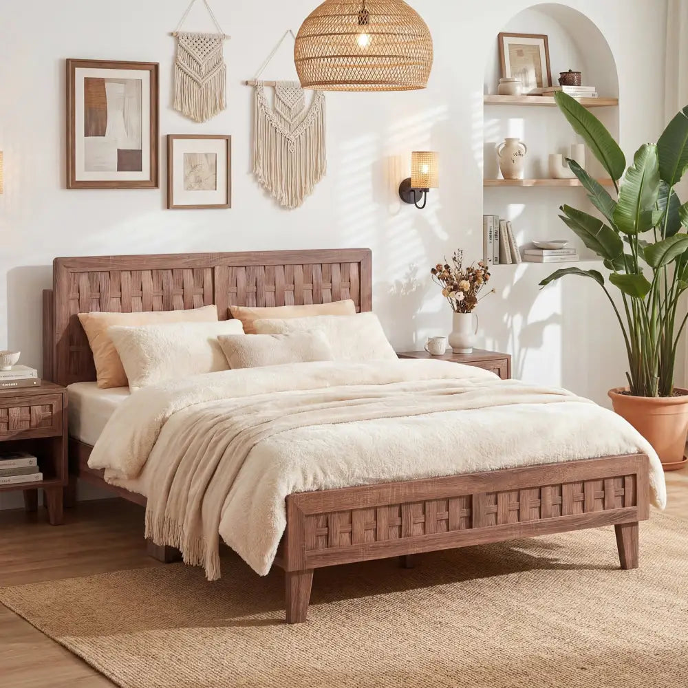 Full Size Bed Frame Mid Century with Woven Accent Headboard - Walnut - Simple Bed Frame