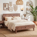Full Size Bed Frame Mid Century with Woven Accent Headboard - Walnut - Simple Bed Frame