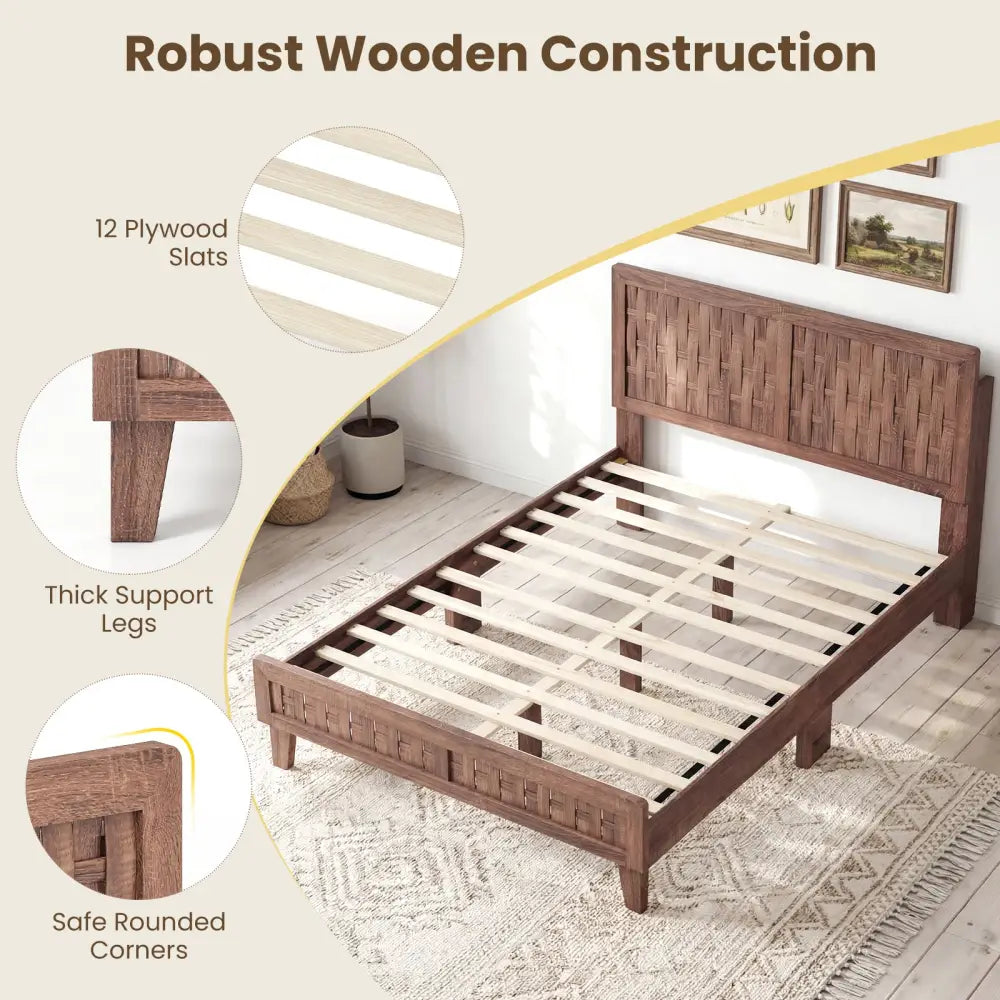 Full Size Bed Frame Mid Century with Woven Accent Headboard - Walnut - Simple Bed Frame