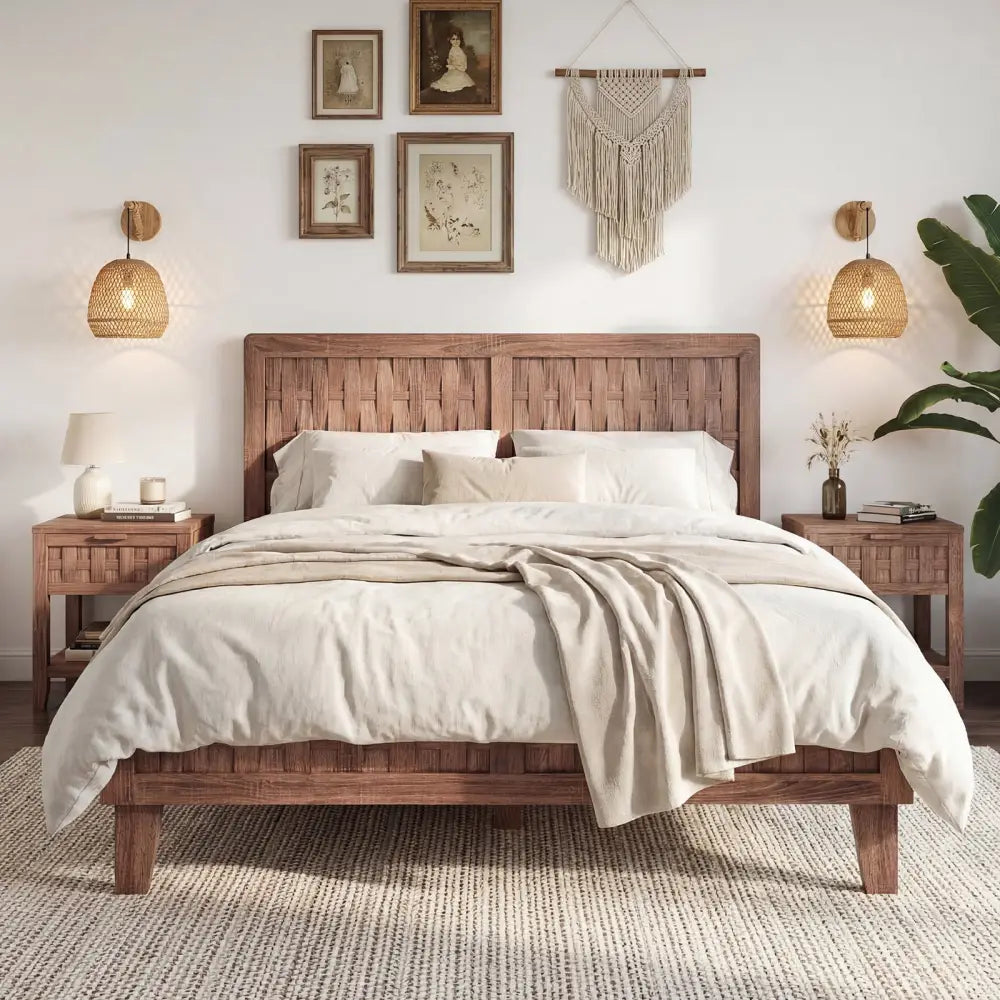 Full Size Bed Frame Mid Century with Woven Accent Headboard - Walnut - Simple Bed Frame