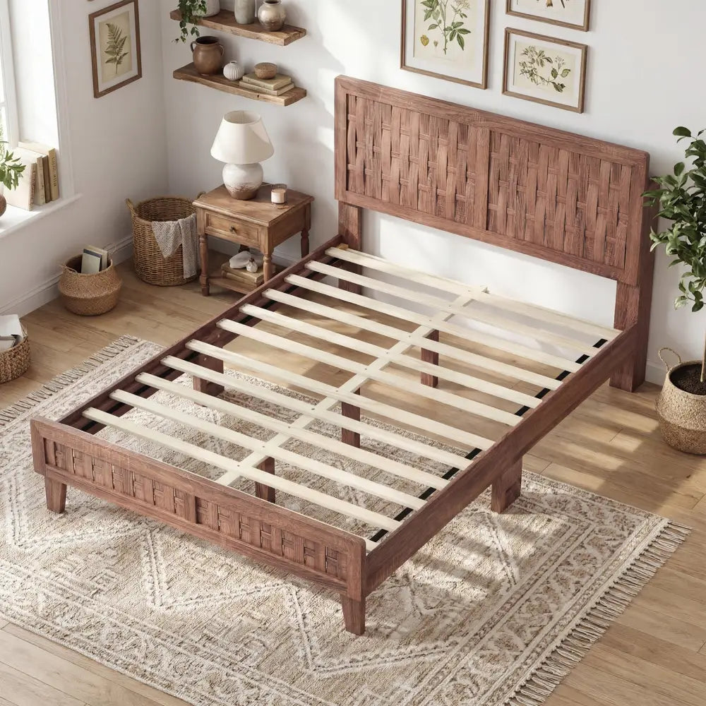 Full Size Bed Frame Mid Century with Woven Accent Headboard - Walnut - Simple Bed Frame