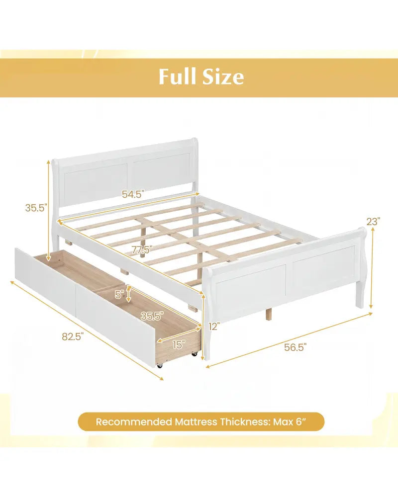 Full Size Bed Frame with 2 Storage Drawers and Footboard for Kids Teens Adults-White - White - Simple Bed Frame