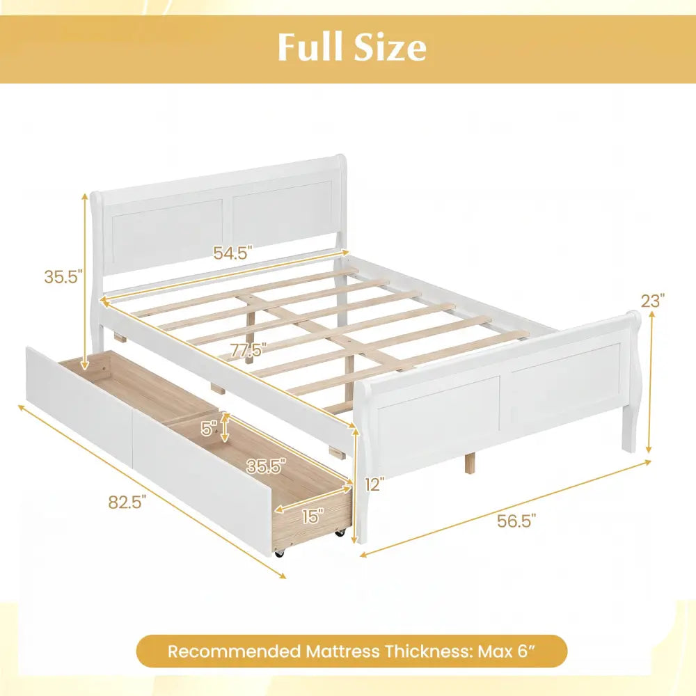 Full Size Bed Frame with 2 Storage Drawers and Footboard for Kids Teens Adults-White - White - Simple Bed Frame
