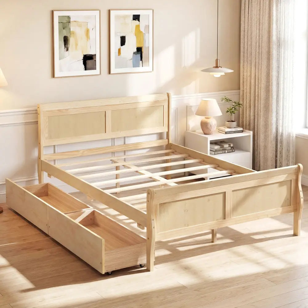 Full Size Bed Frame with 2 Storage Drawers and Footboard for Kids Teens Adults-Natural - Natural - Simple Bed Frame