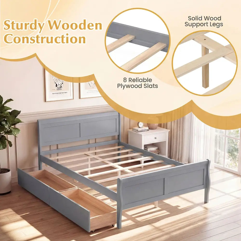 Full Size Bed Frame with 2 Storage Drawers and Footboard for Kids Teens Adults-Gray - Gray - Simple Bed Frame