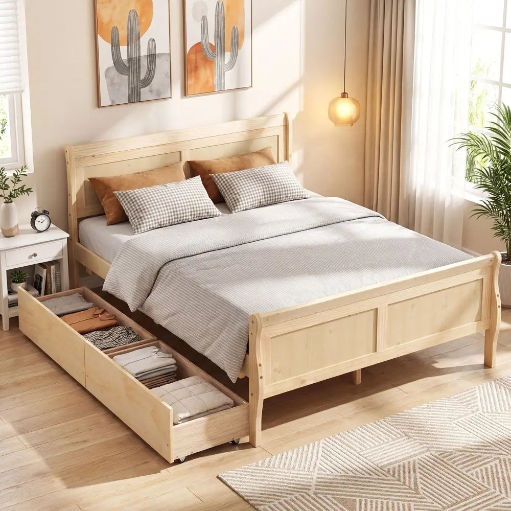 Full Size Bed Frame with 2 Storage Drawers and Footboard for Kids Teens Adults-Natural - Natural - Simple Bed Frame